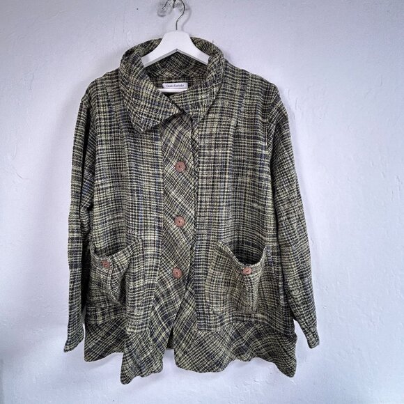 Yasuko Kurisaka Womens Plaid Button-Front Jacket Black Green Pockets Lightweight - Picture 1 of 9